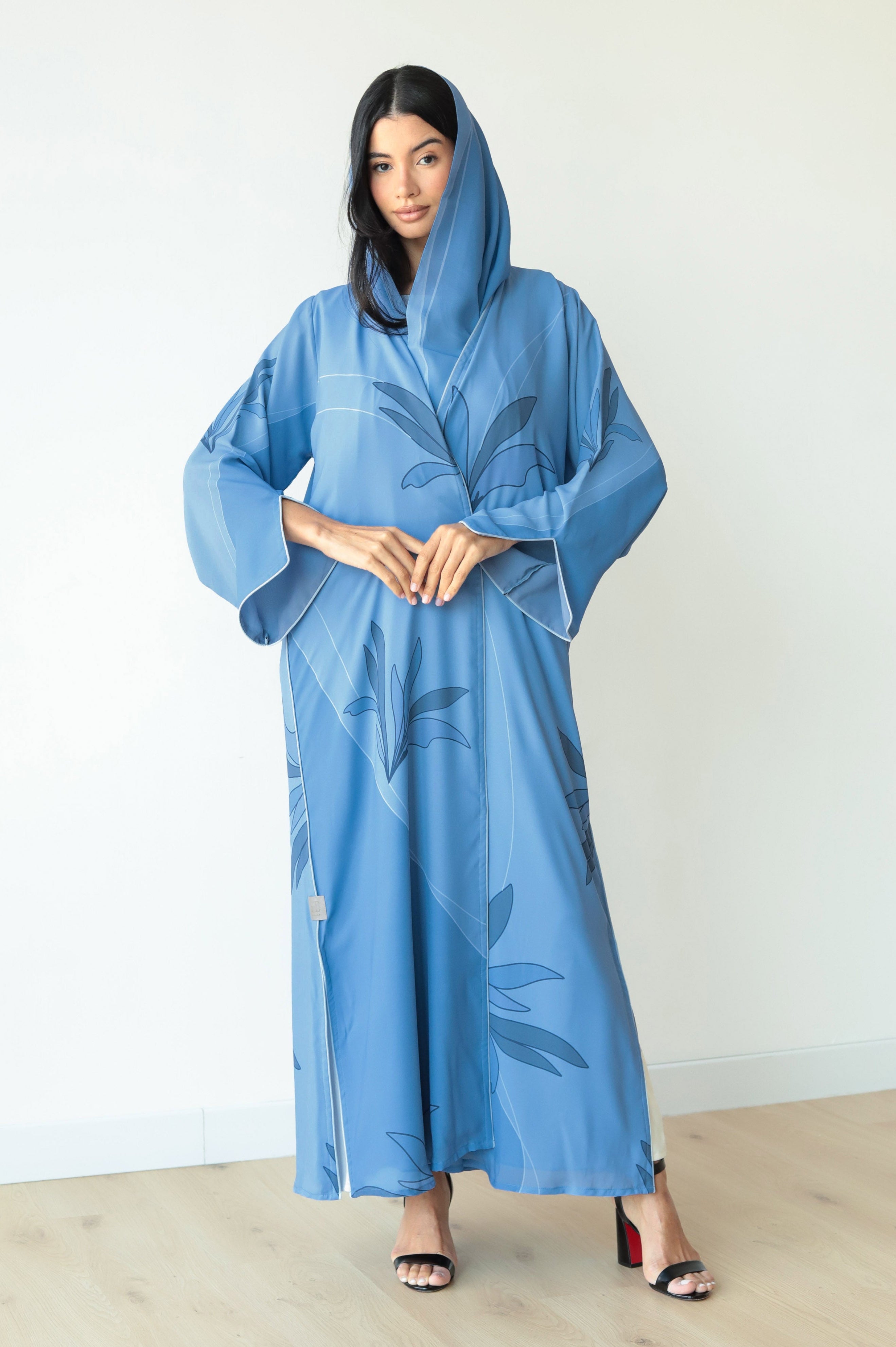Basic Floral Piping (Pastel Blue Abaya) - BasicAbaya