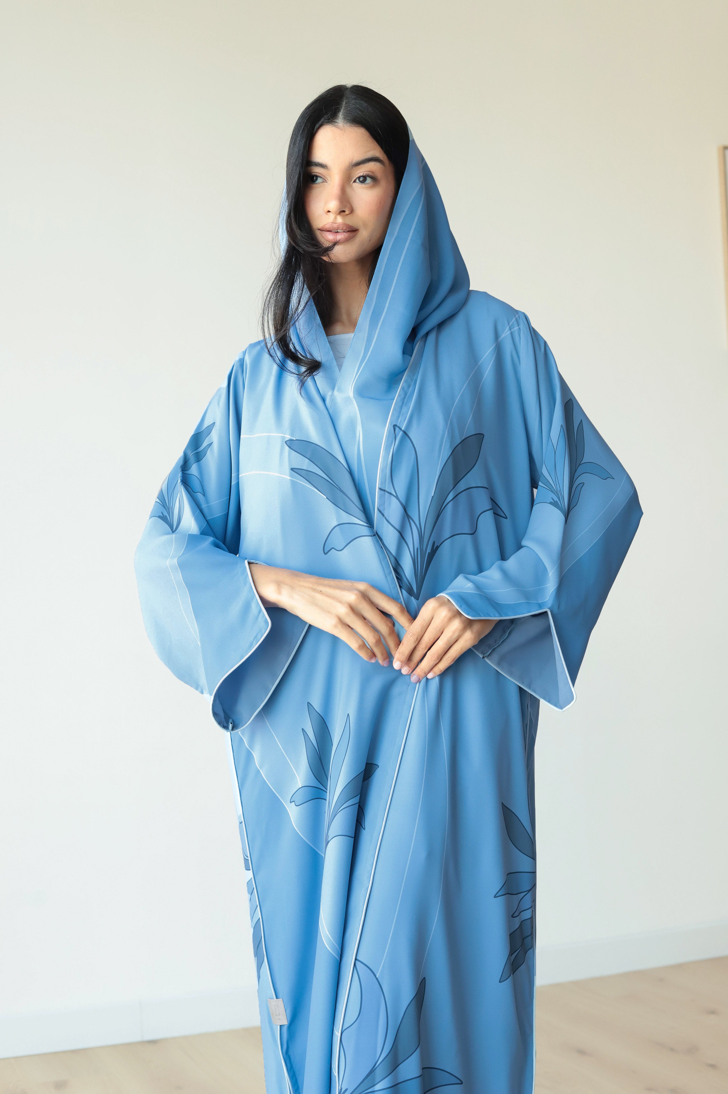 Basic Floral Piping (Pastel Blue Abaya) - BasicAbaya