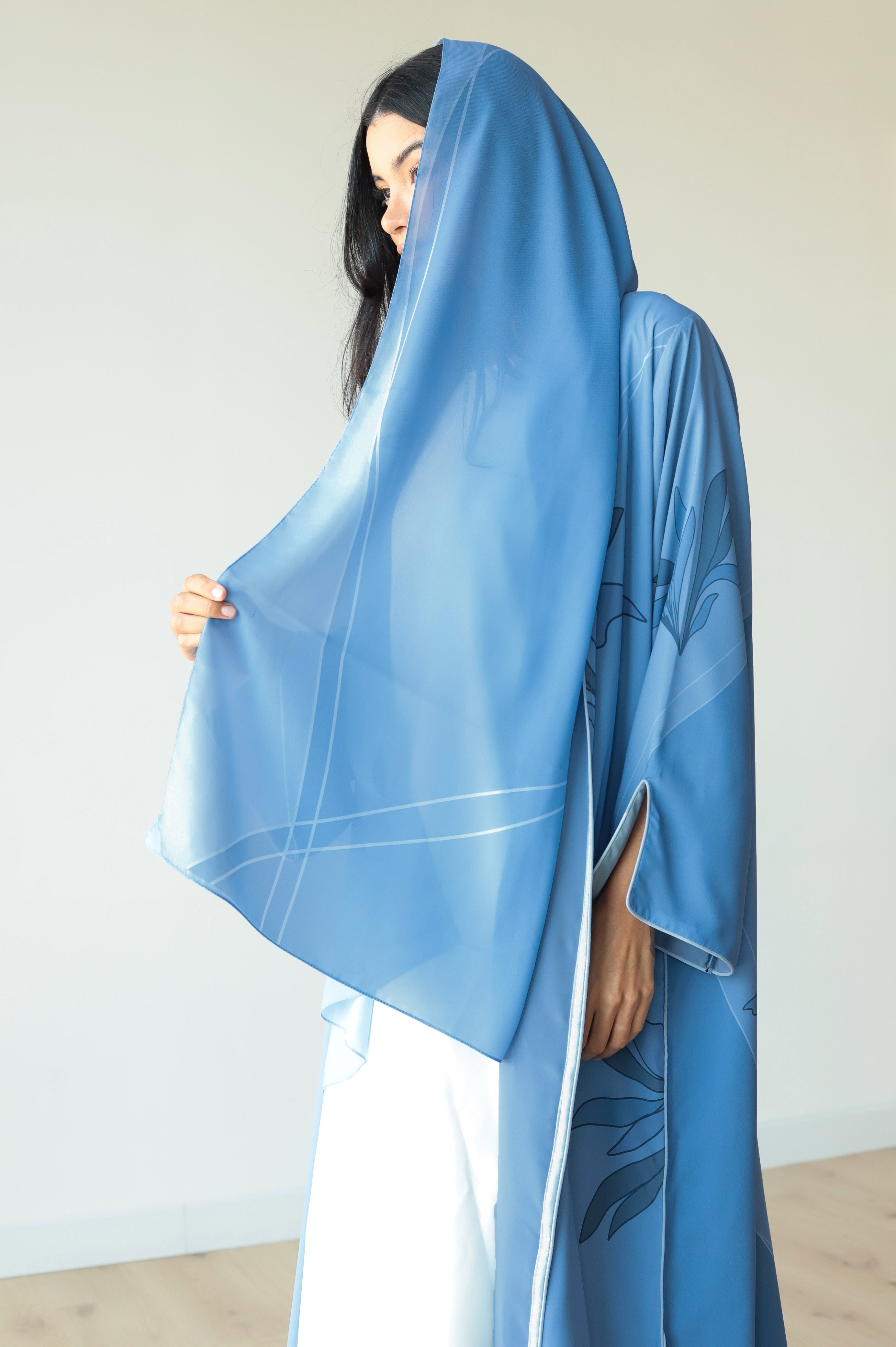 Basic Floral Piping (Pastel Blue Abaya) - BasicAbaya