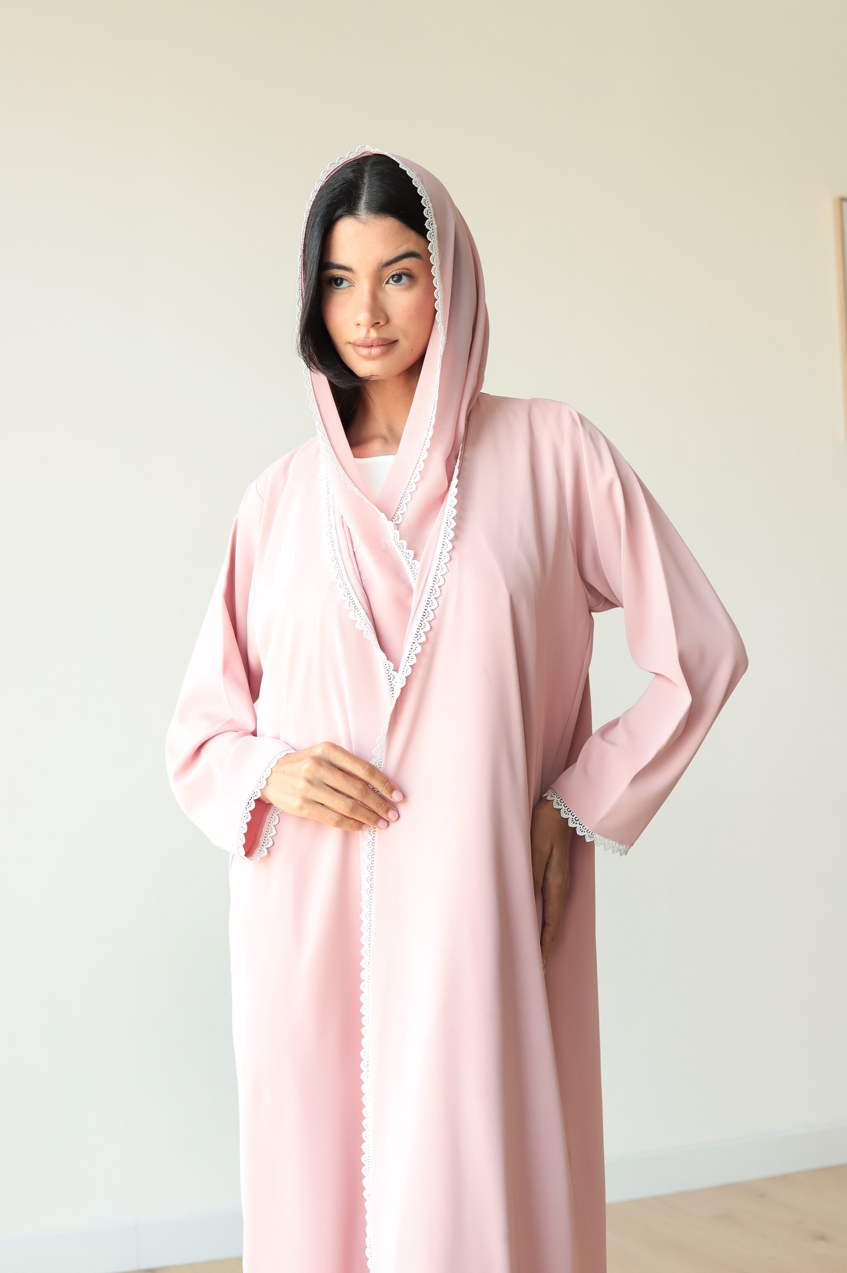 Basic Flowy Lace (Pink Abaya) - BasicAbaya