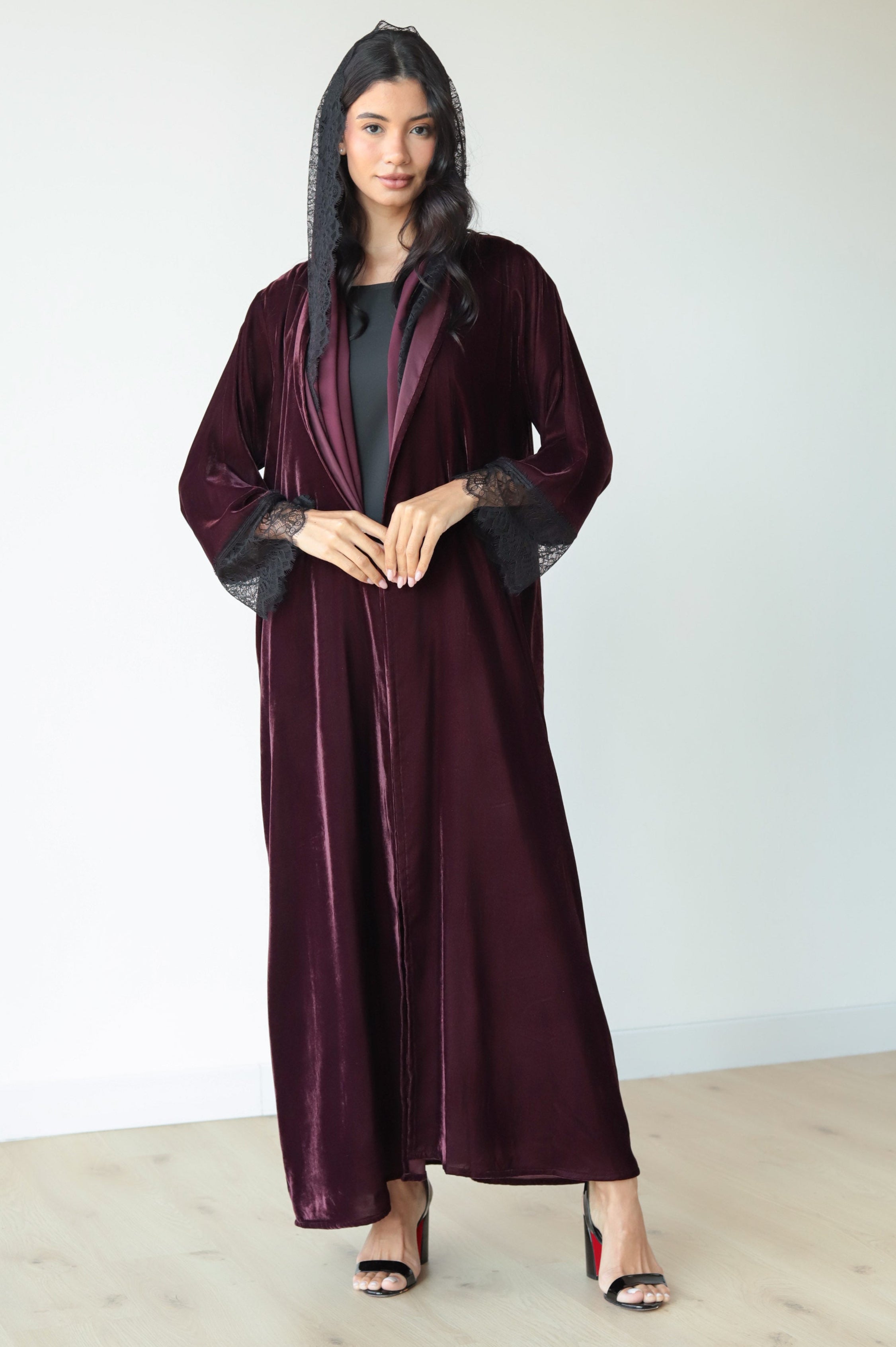 Basic Velvet Lace (Wine Abaya)