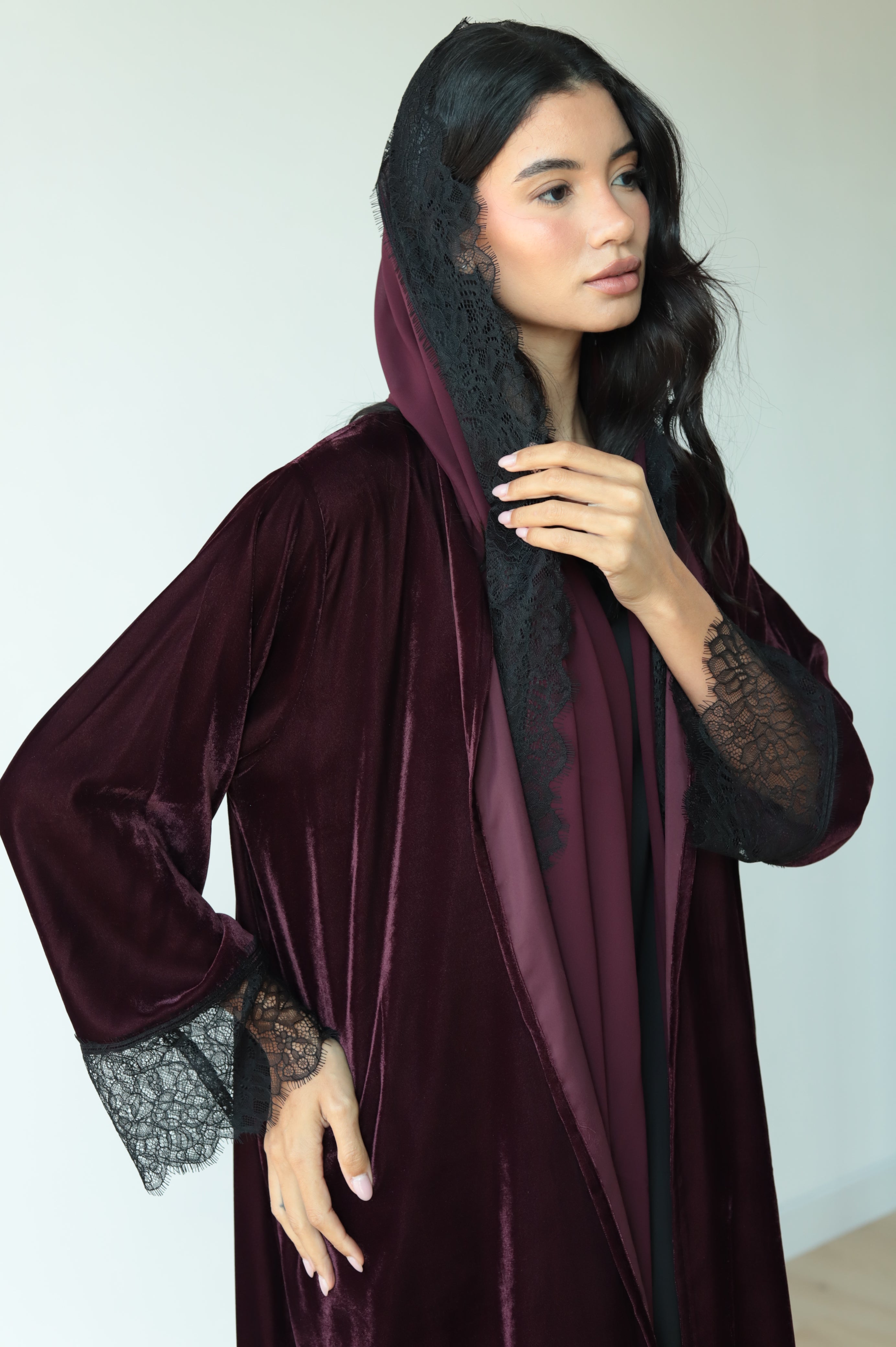 Basic Velvet Lace (Wine Abaya)