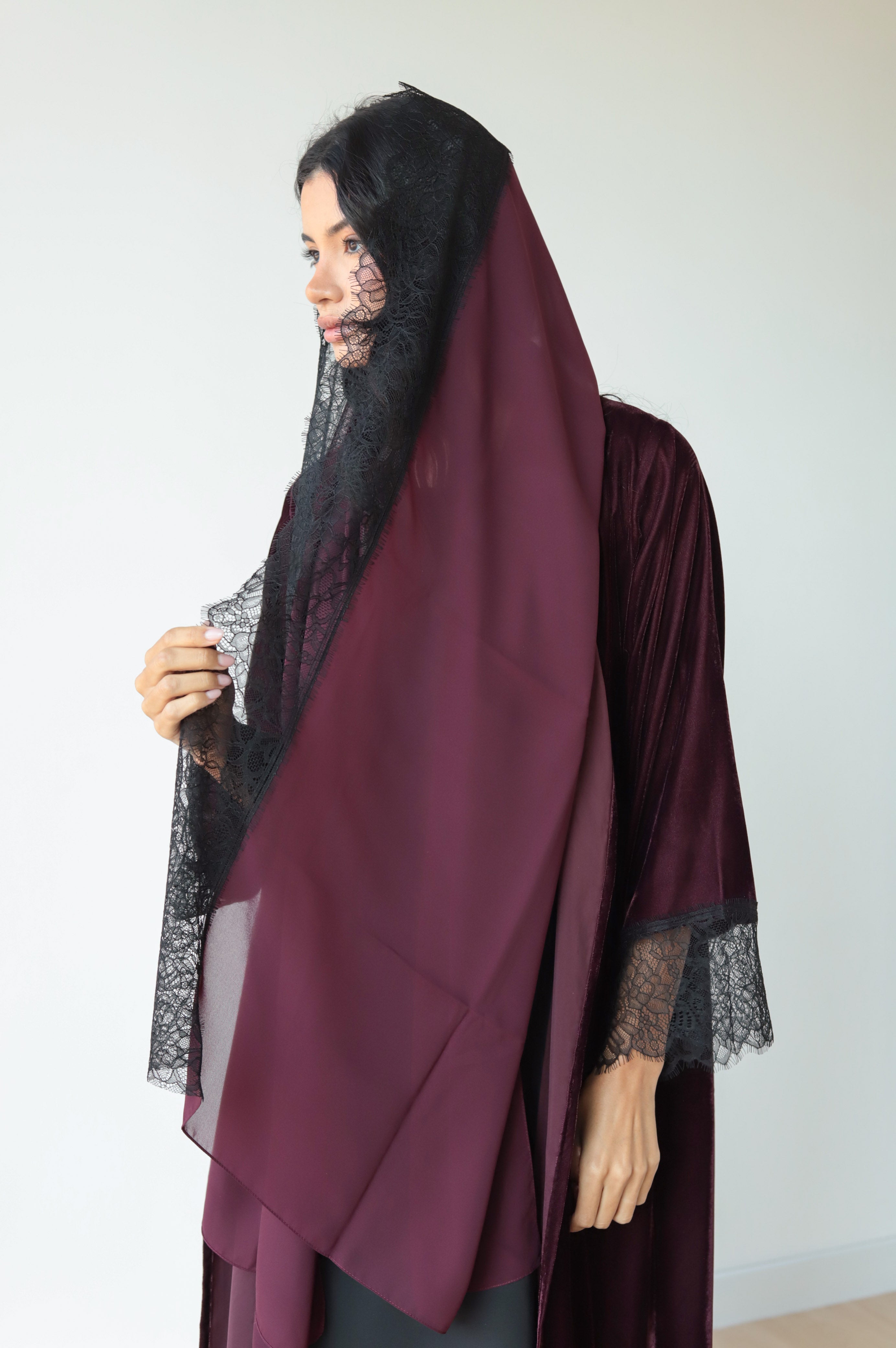 Basic Velvet Lace (Wine Abaya)