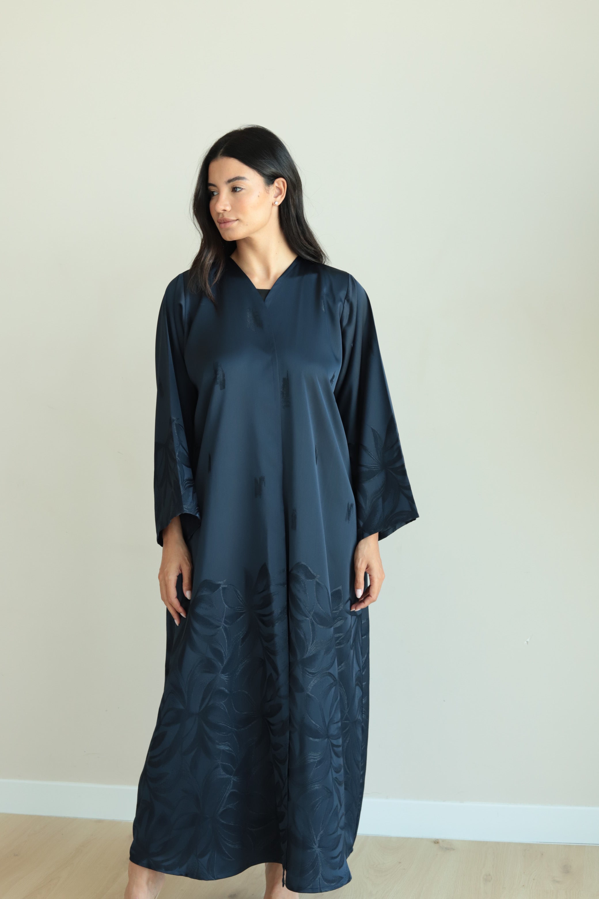 Basic Silky Flower (Navy Blue Abaya )