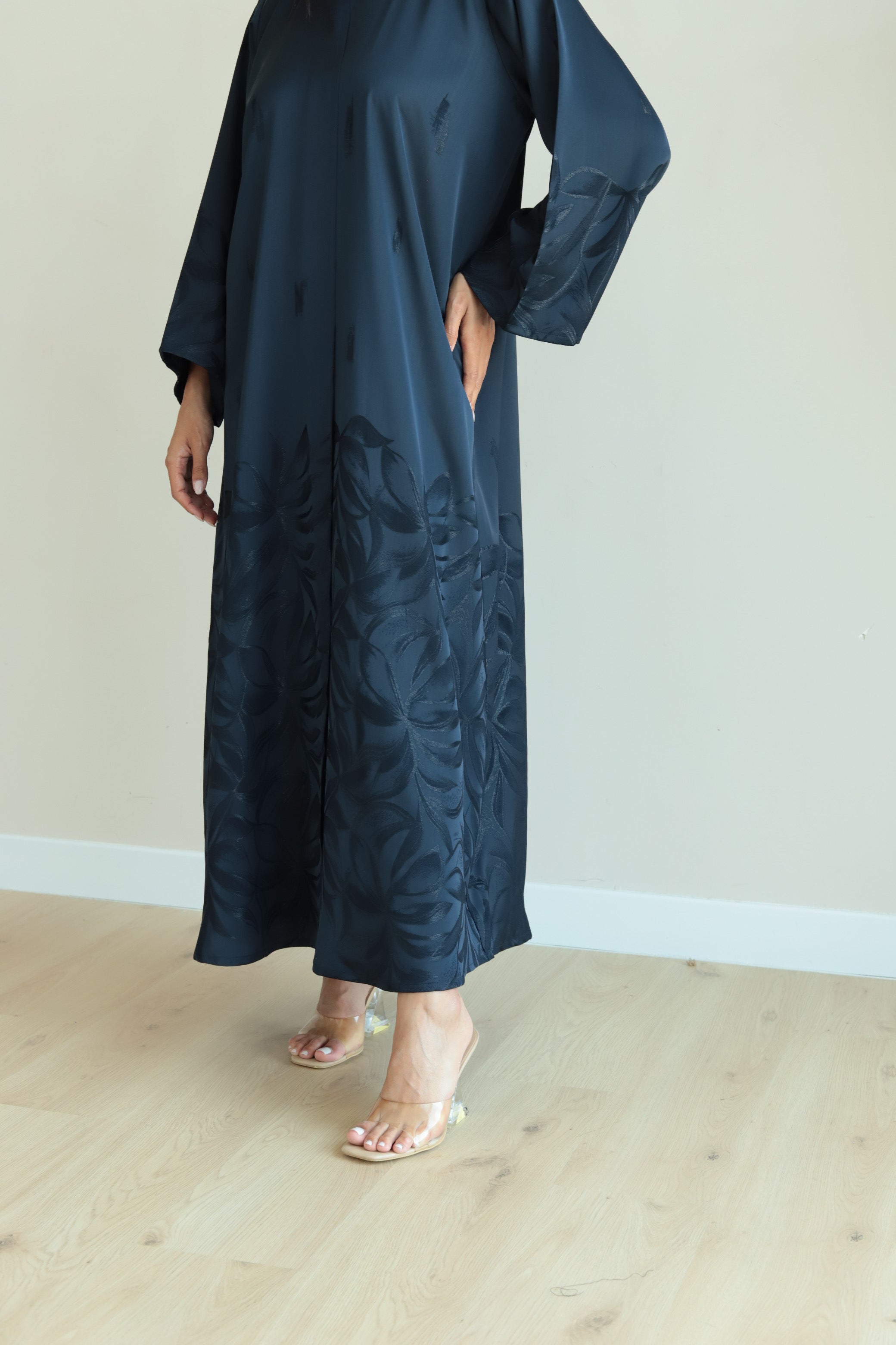 Basic Silky Flower (Navy Blue Abaya )