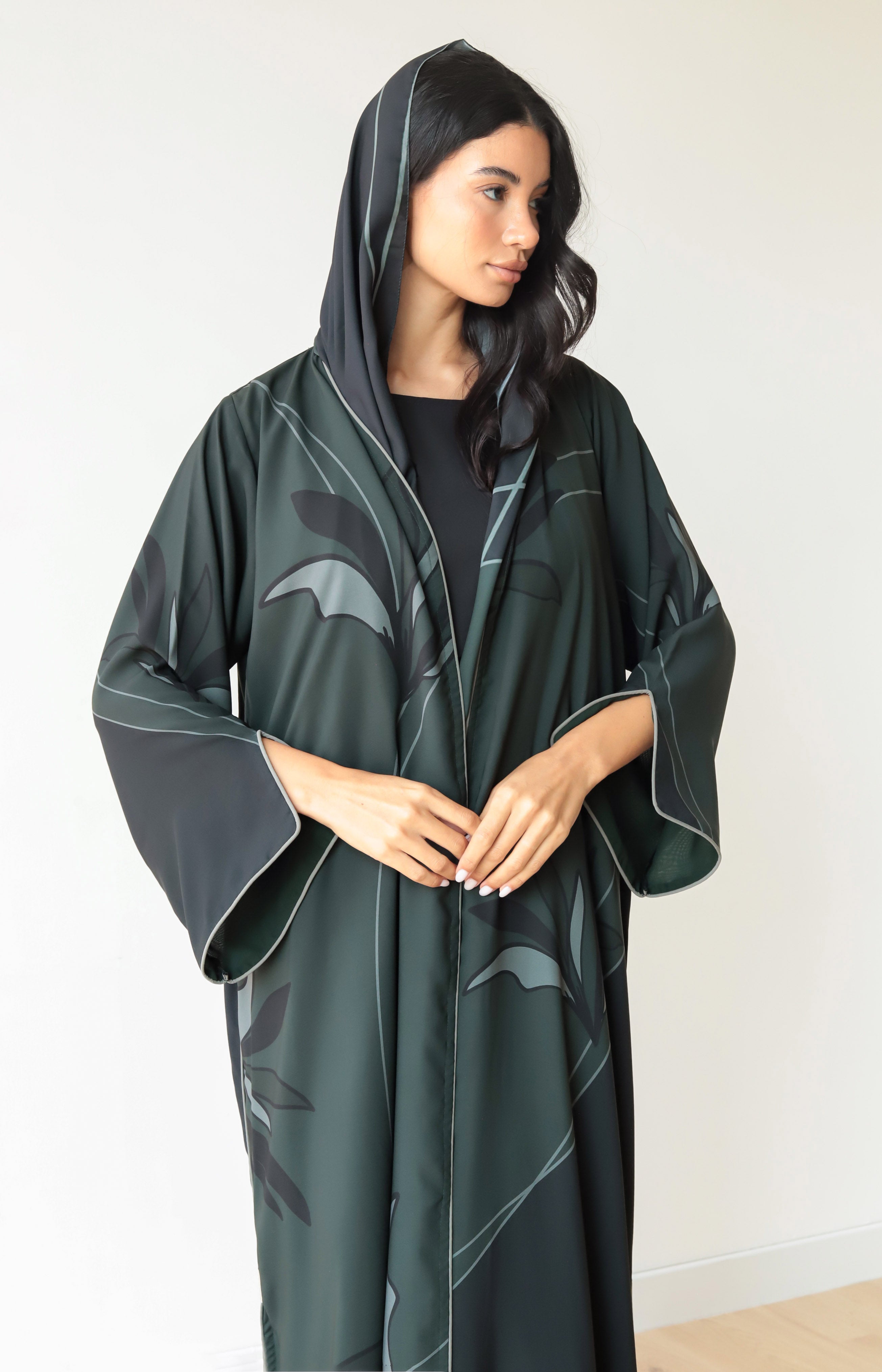 Basic Floral Piping  ( Green Abaya) - BasicAbaya