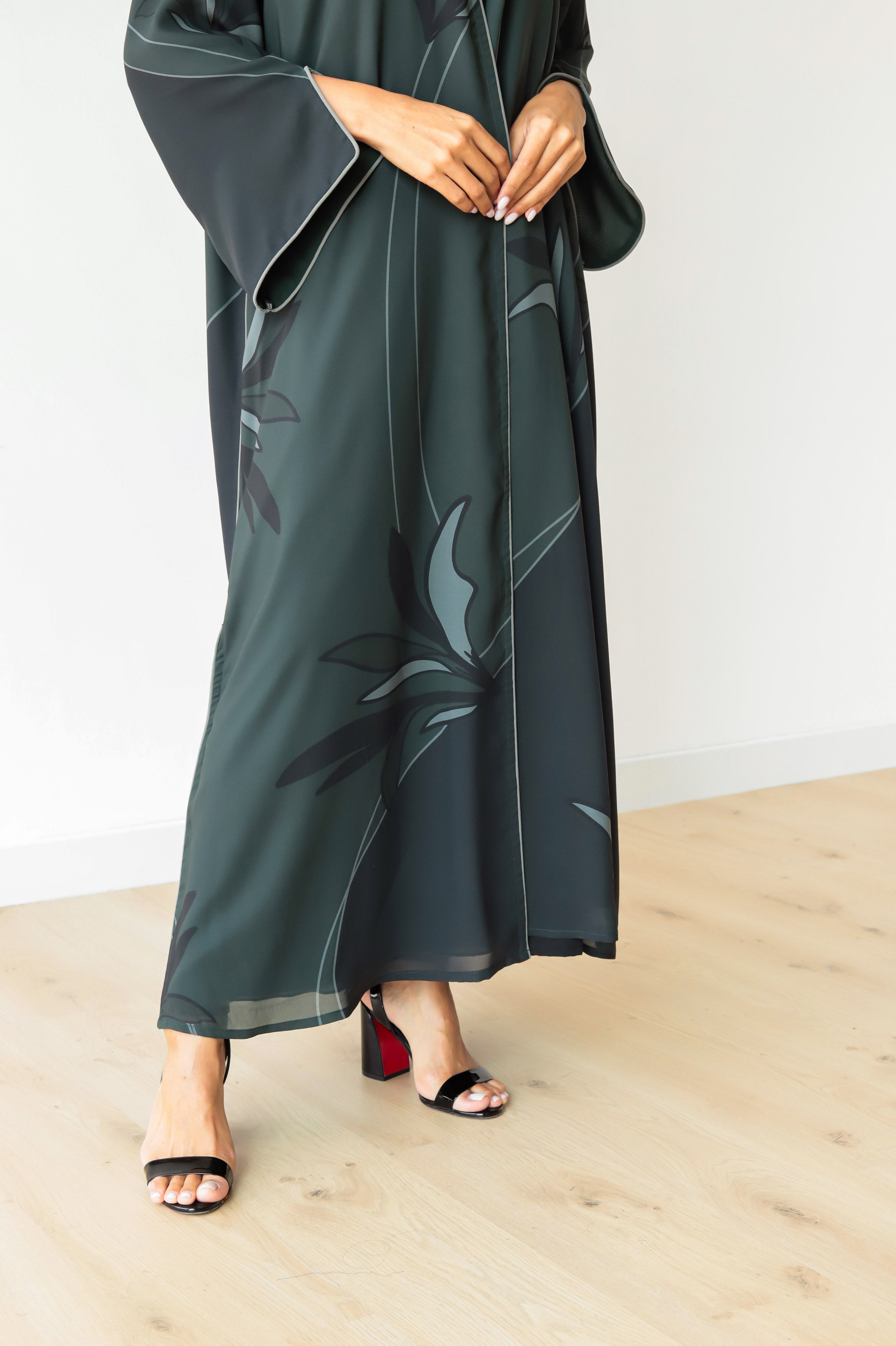 Basic Floral Piping  ( Green Abaya) - BasicAbaya