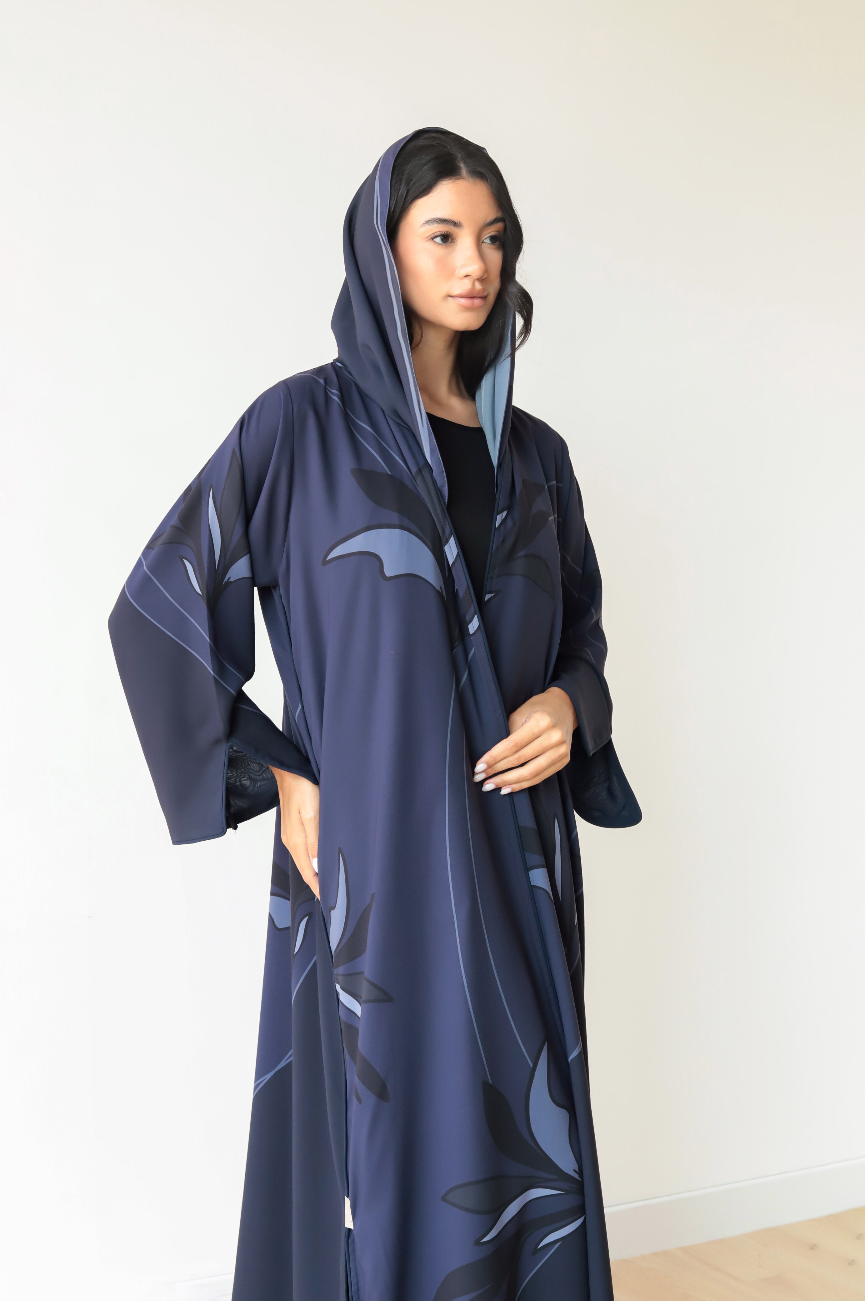 Basic Floral Piping  (Blue Abaya) - BasicAbaya