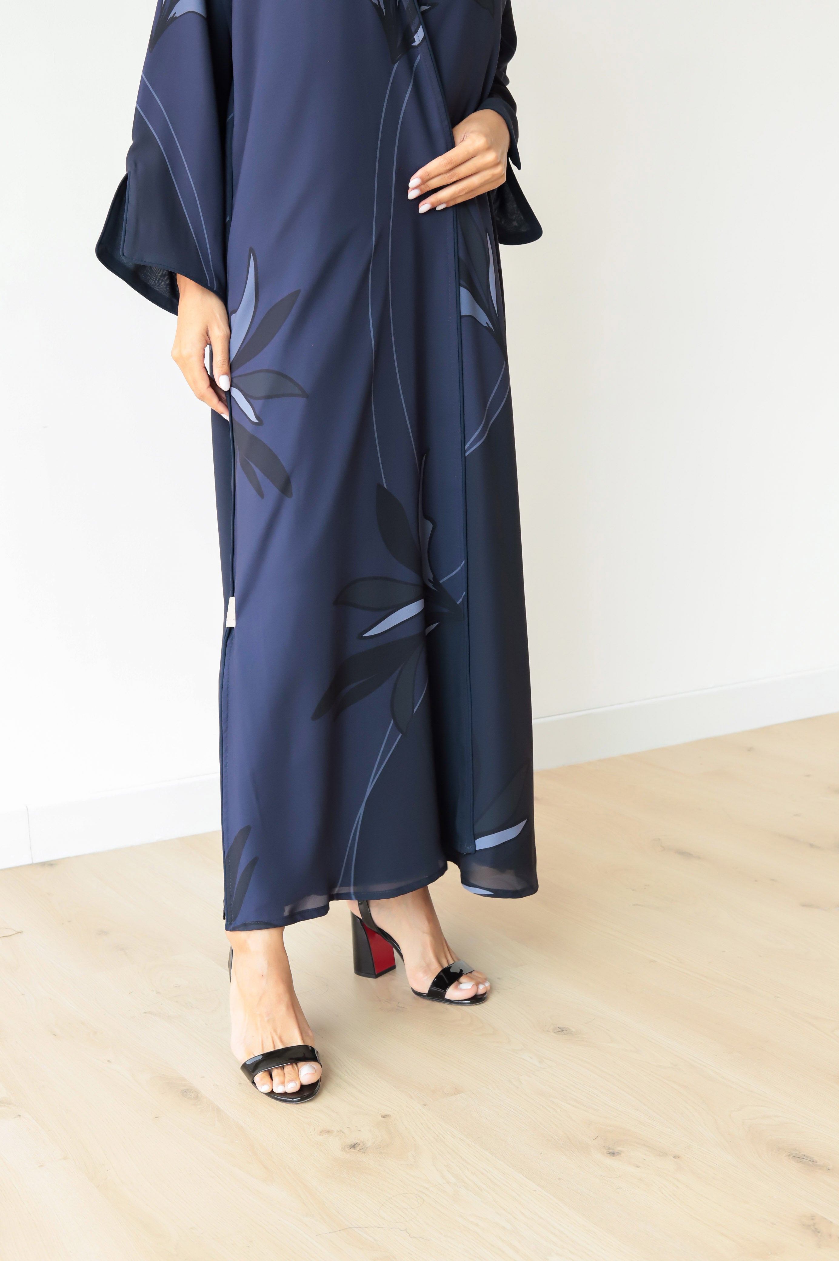 Basic Floral Piping  (Blue Abaya) - BasicAbaya