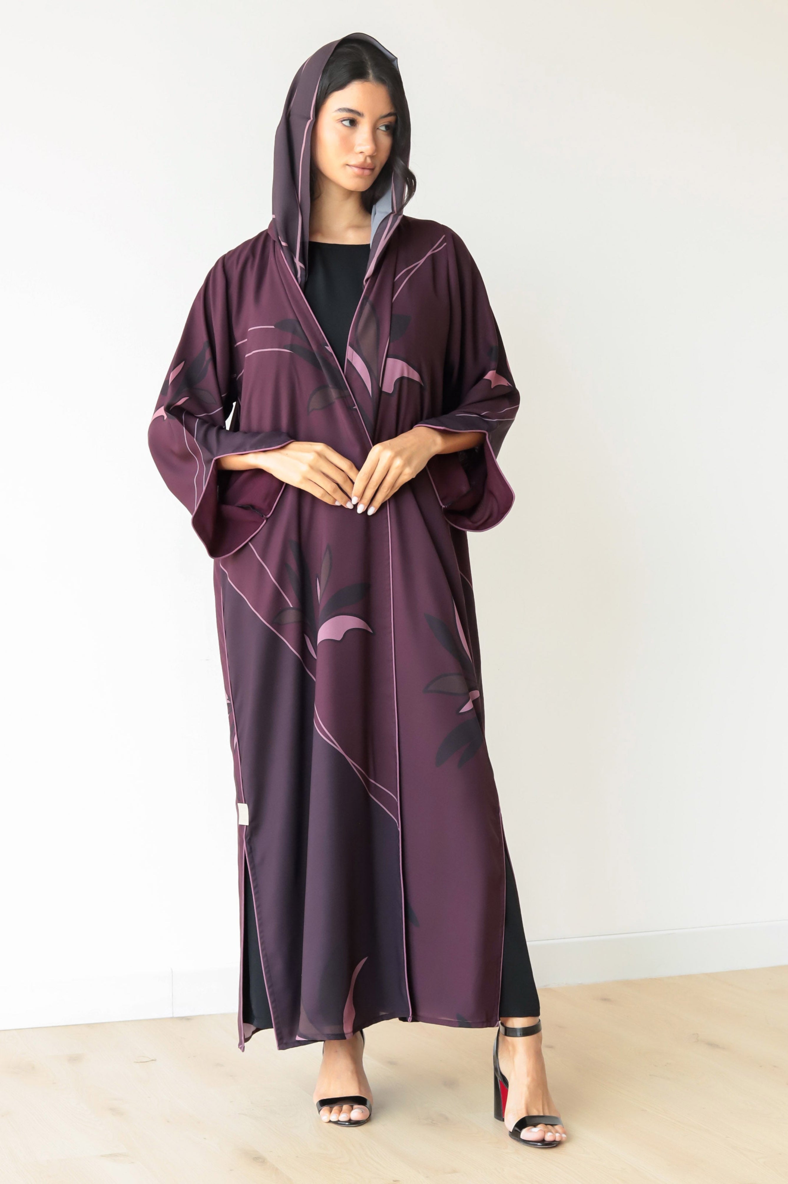 Basic Floral Piping  ( Maroon Abaya) - BasicAbaya