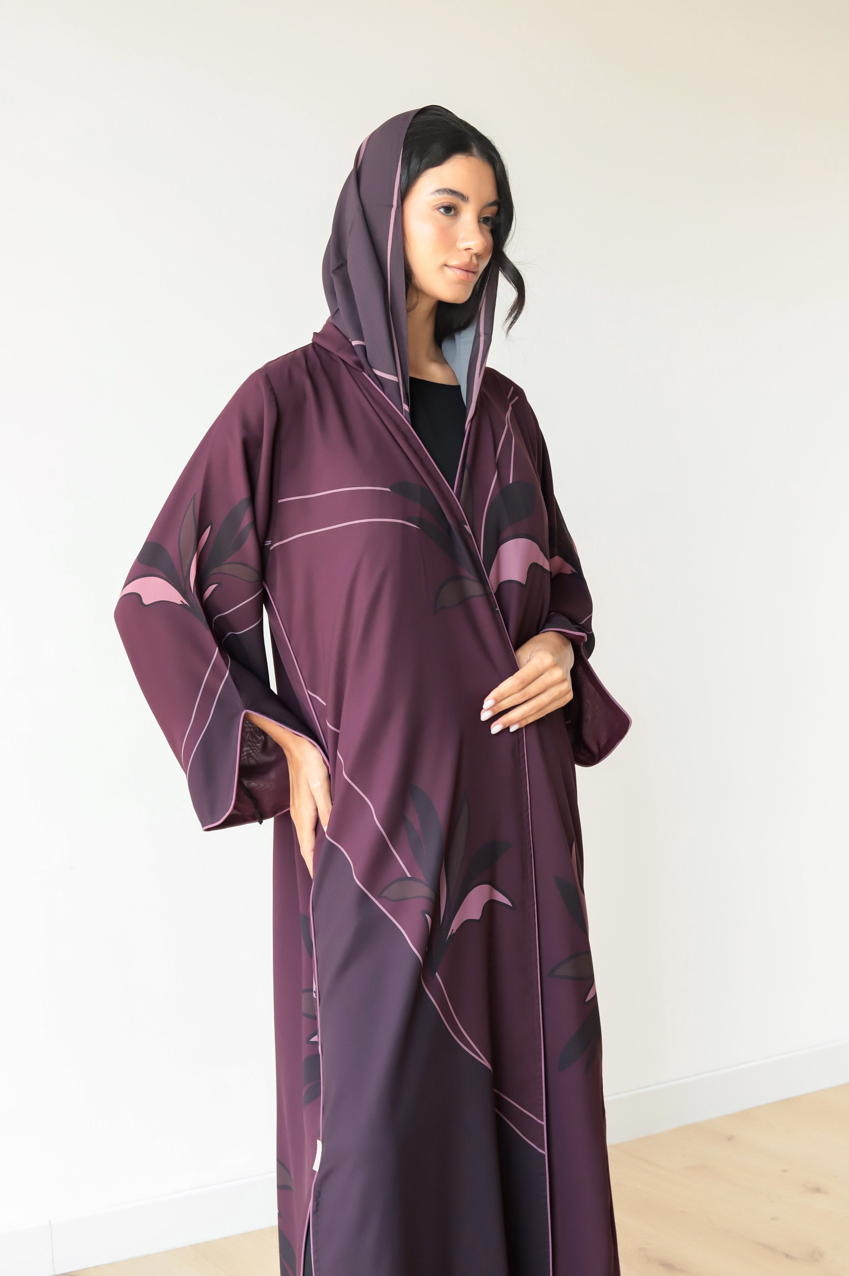 Basic Floral Piping  ( Maroon Abaya) - BasicAbaya