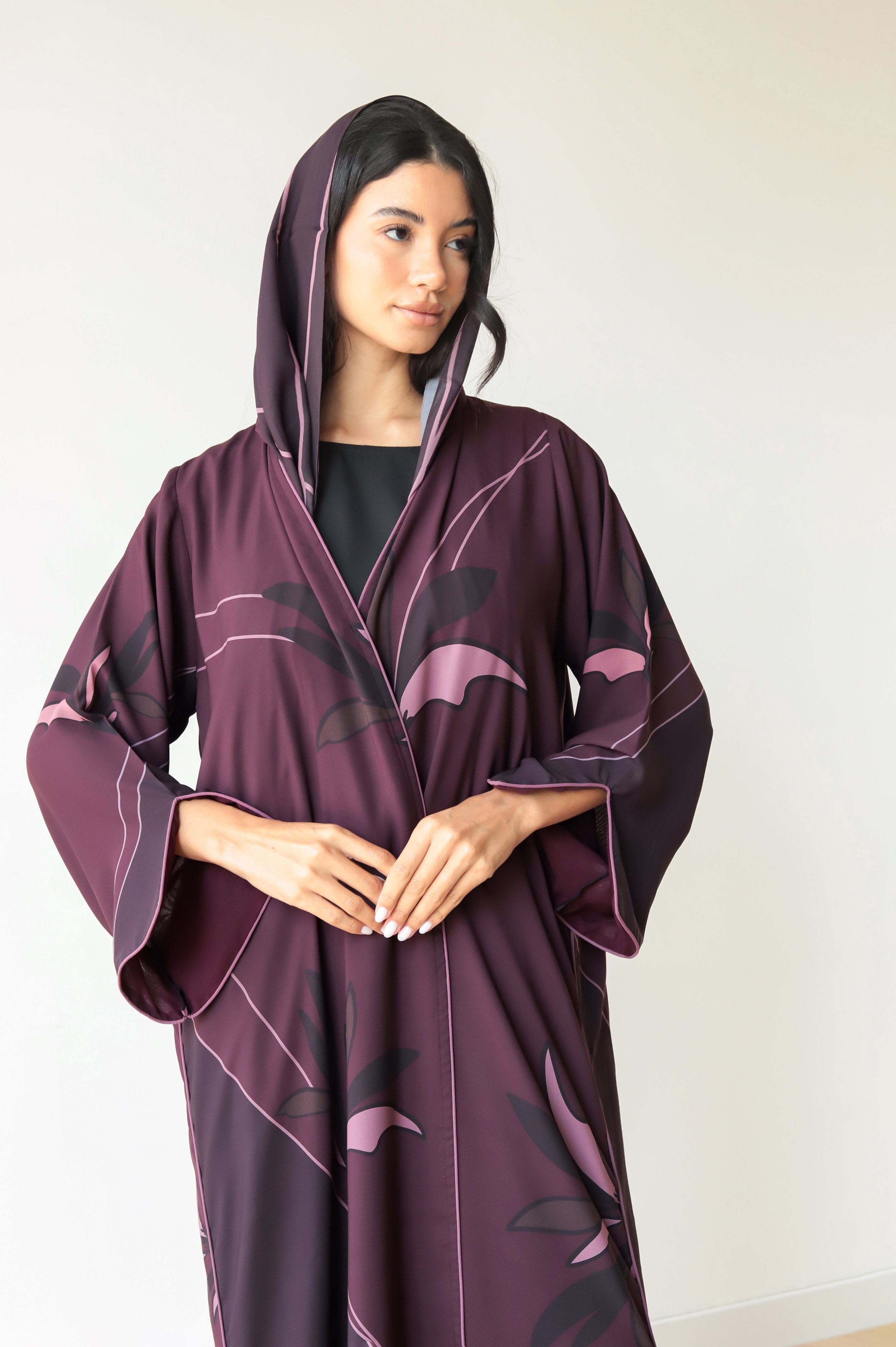 Basic Floral Piping  ( Maroon Abaya) - BasicAbaya