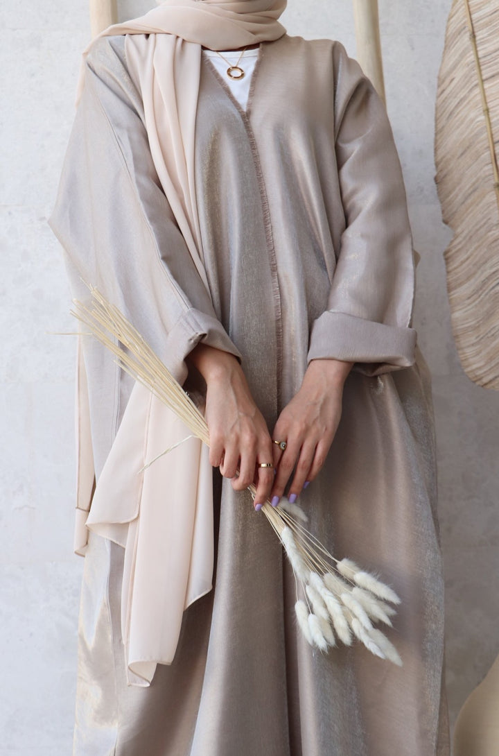Basic 02 Two Beige Shimmer mix linen Abaya Front close Look by Basic Abaya Dubai