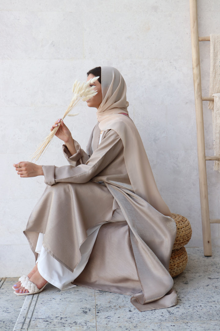 Basic 02 Two Beige Shimmer mix linen Abaya Side Look by Basic Abaya Dubai