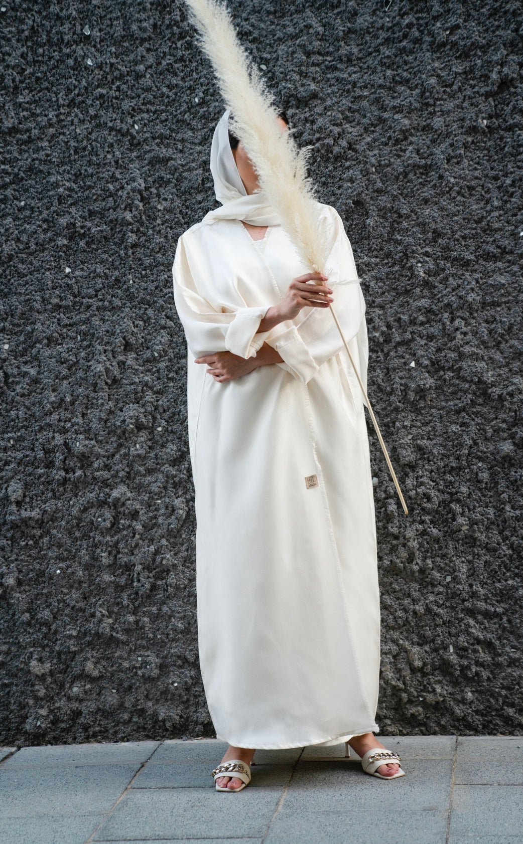 Basic 02 Two Off White Shimmer mix linen Abaya complete Front look  By Basic Abaya dubai