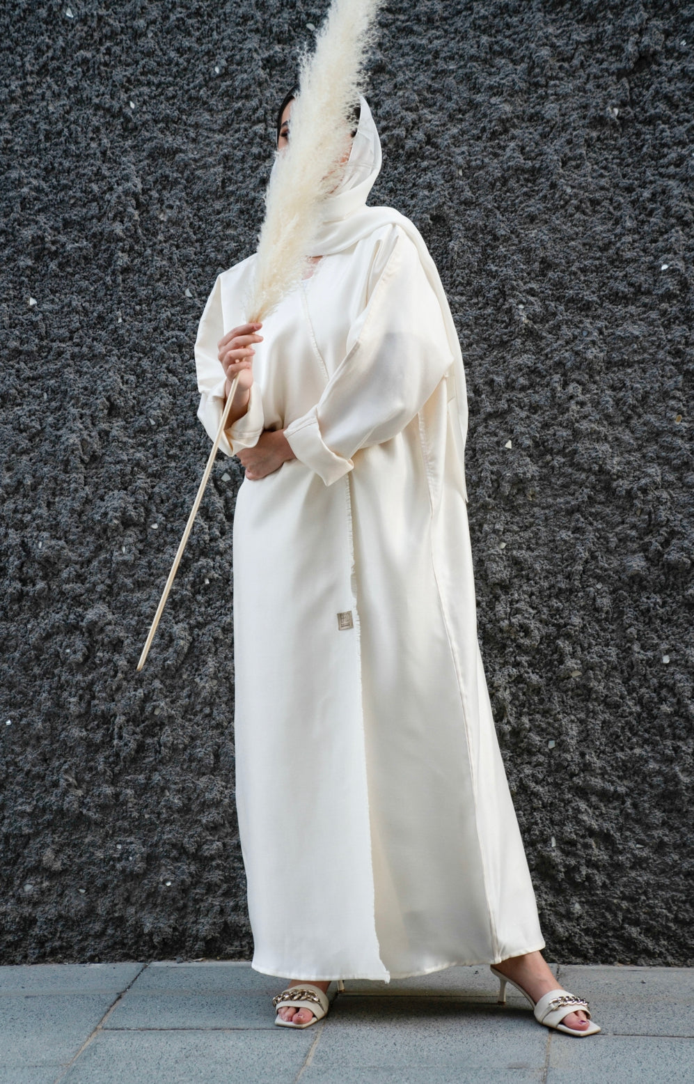 Basic 02 Two Off White Shimmer mix linen Abaya complete look By Basic Abaya dubai