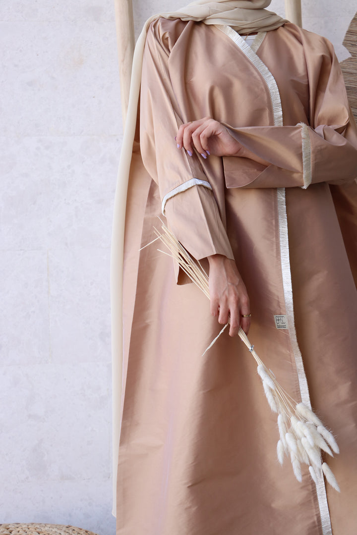 Basic 03 Three Beige Abaya with Fringe Lace Design 2 by Basic Abaya Dubai