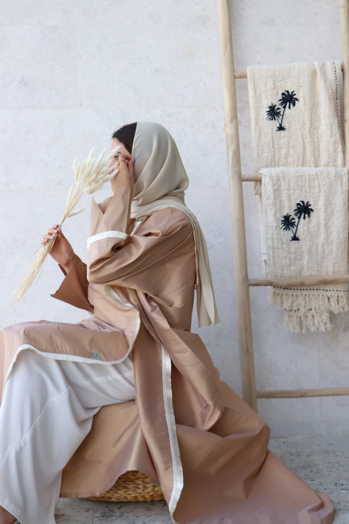 Basic 03 Three Beige Abaya with Fringe Lace Design 3 by Basic Abaya Dubai