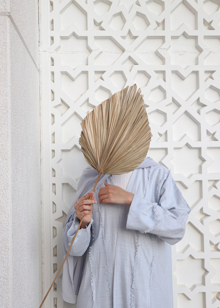 Basic 04 Four Pale Blue Stripped Linen Abaya look 2 by BASIC ABAYA DUBAI