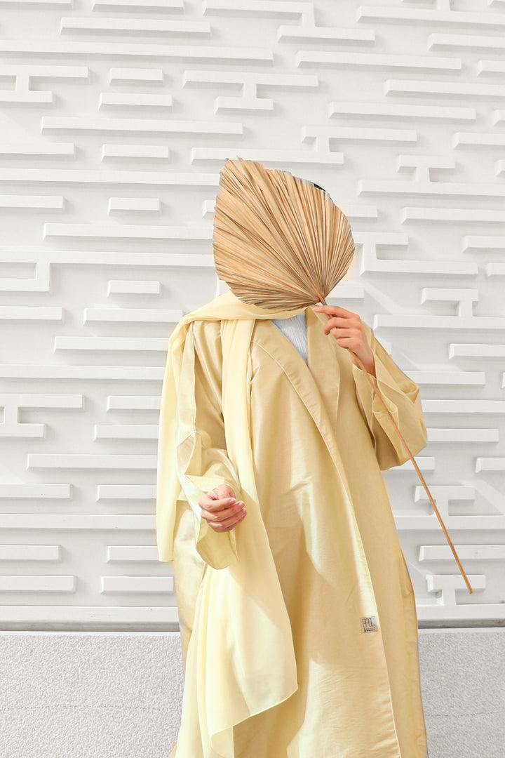 Basic 06 Six Yellow Tafetta Abaya design look 2 by BASIC ABAYA DUBAI