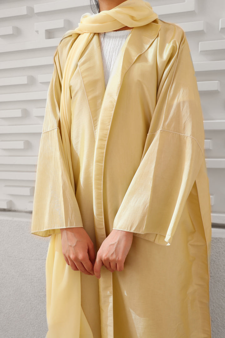 Basic 06 Six Yellow Tafetta Abaya design look 3 by BASIC ABAYA DUBAI