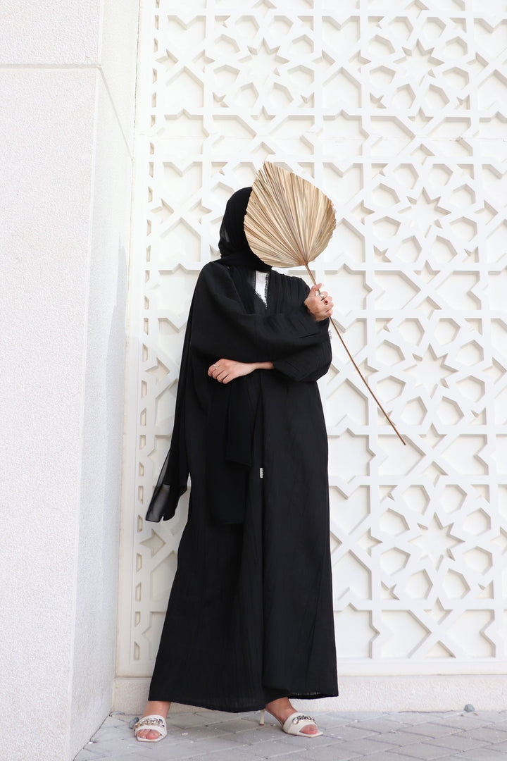 Basic 07 Seven Black Crush Linen Abaya design look 1 by BASIC ABAYA DUBAI