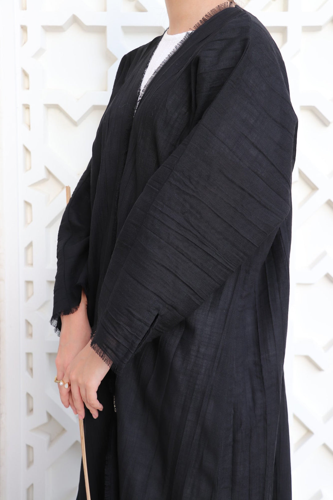 Basic 07 Seven Black Crush Linen Abaya design look 3 by BASIC ABAYA DUBAI