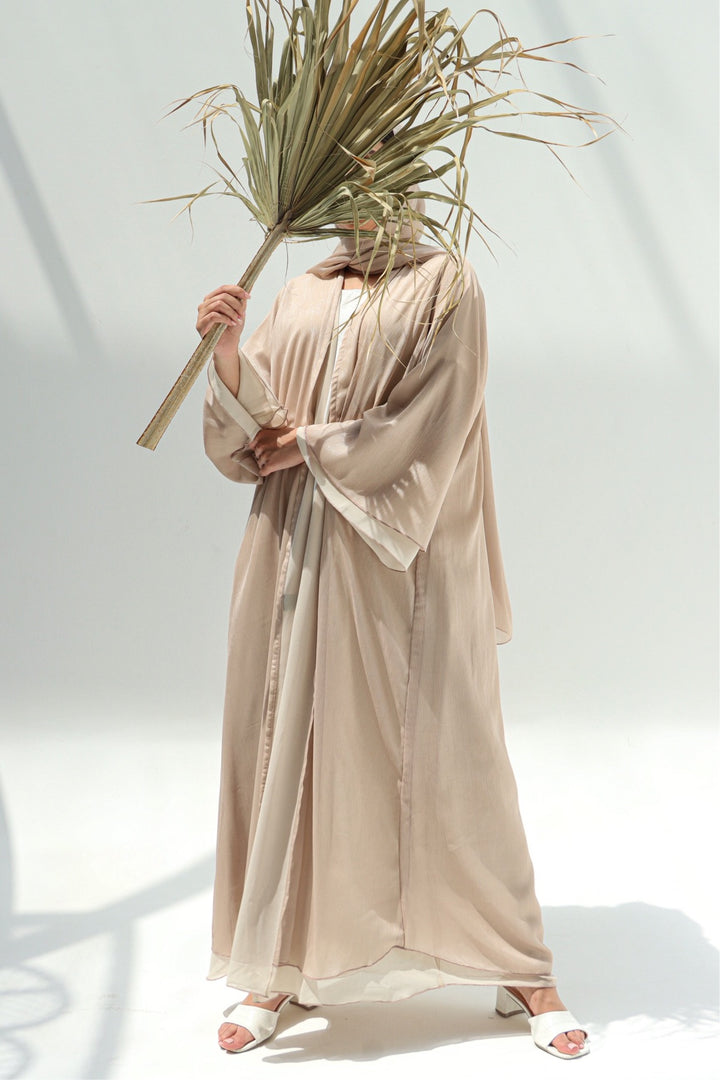 Basic 10 Ten beige Abaya design look 1 by BASIC ABAYA DUBAI