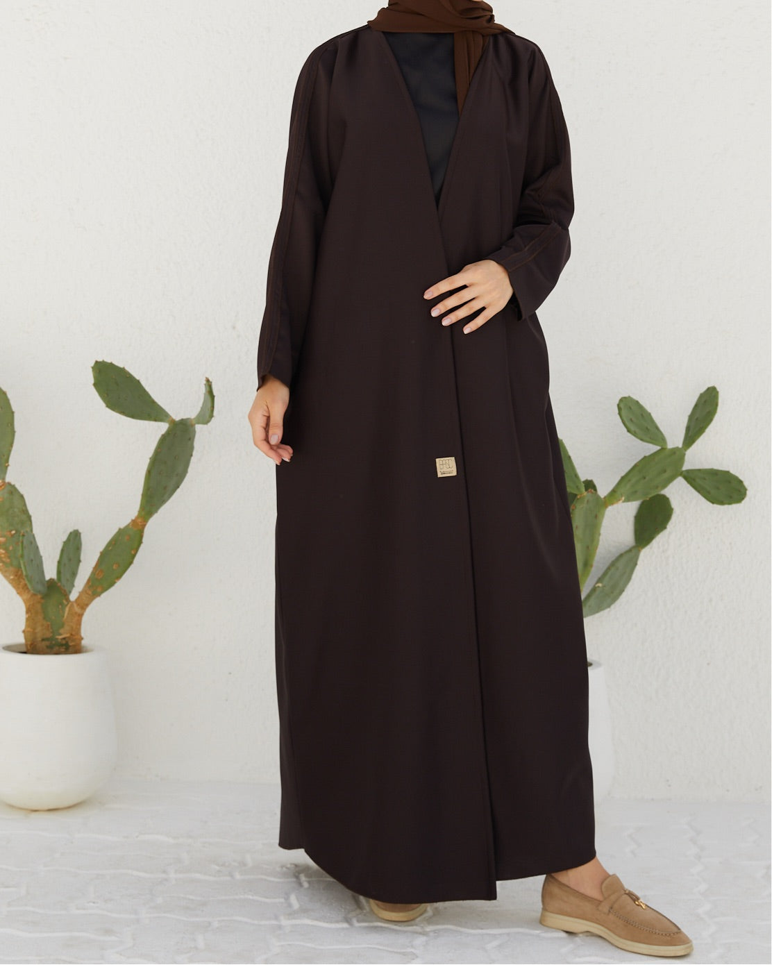 Basic 14 Fourteen Brown Heavy Crepe Abaya Look 1 From The Latest Online Dubai Abayas Collection 