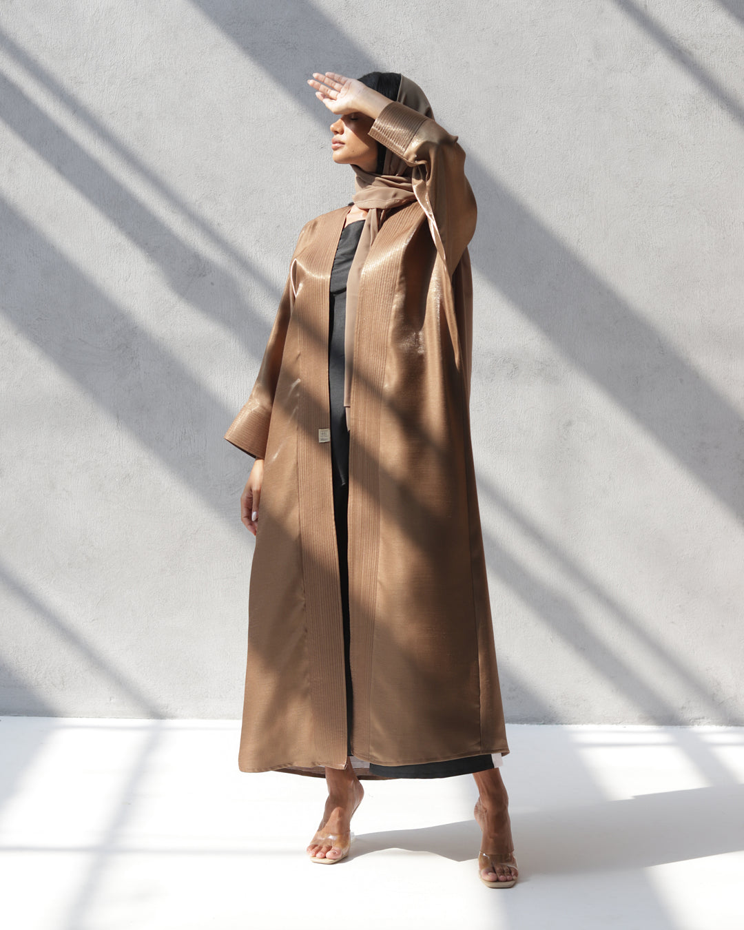 Basic 15 Fifteen Reflective Mixed Linen Brown Abaya Dress Look 1 By Dubai Abaya Collection
