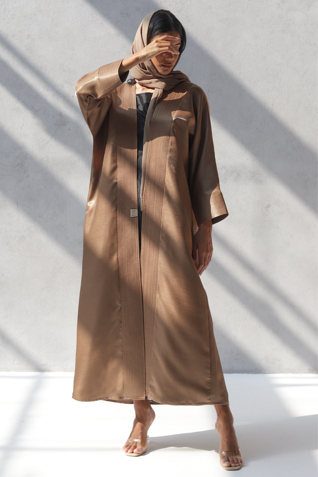 Basic 15 Fifteen Reflective Mixed Linen Brown Abaya Dress Look 2 By Dubai Abaya Collection