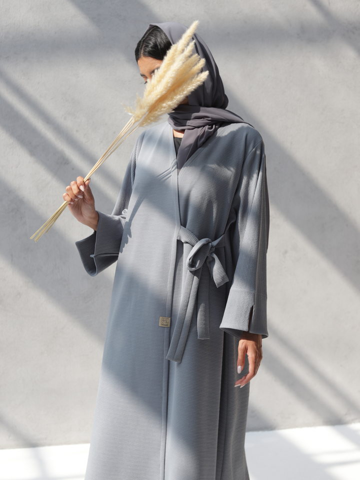 Basic 16 Sixteen Strip Stretch Crepe Grey Abaya Dress Look 1 By Dubai Abaya Collection